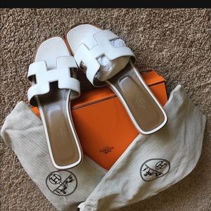 Hermès White Leather Sandals Slide on Logo Women US7.5
